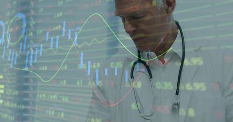 Senior doctor assessing pediatric care with financial data overlay and chart analytics