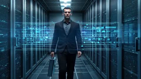 IT executive walking server aisle activating holographic HUD in secure data center video