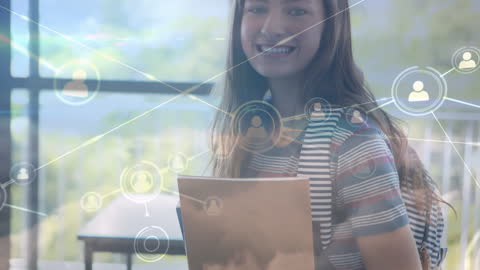 Smiling Woman with Tech Overlay Illustrating Social Connectivity