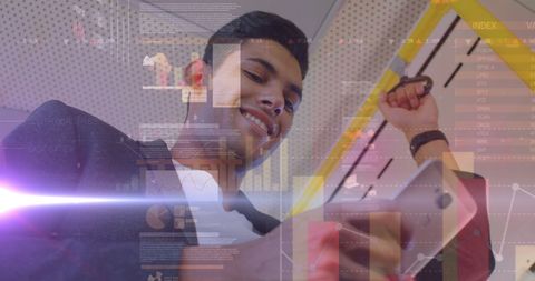 Smiling Professional Using Smartphone Amidst Digital Financial Data Visualization