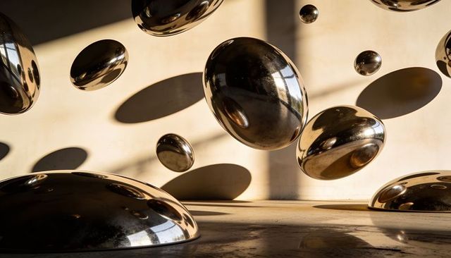 Floating polished ovoid sculptures reflecting window grid, casting dramatic oval shadows