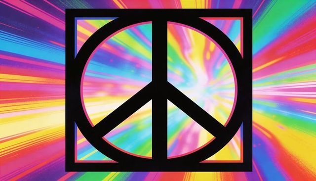 Black peace symbol in square frame over neon rainbow burst glowing psychedelic swirl