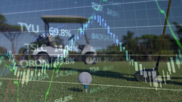 Overlay of stock market data visualization on golf course scene with golf ball and cart. Useful for depictions of business and leisure, investment concepts, or technological advancements in sports analytics.