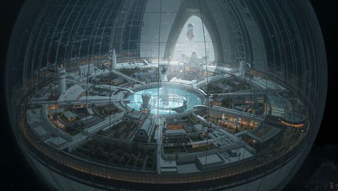 Orbiting glass-domed habitat showcasing ringed city, central atrium and docking spires