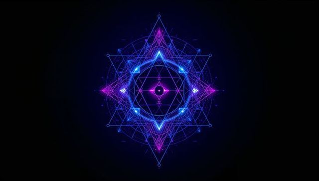 Neon Geometric Mandala with Symmetrical Neon Patterns in Black Space