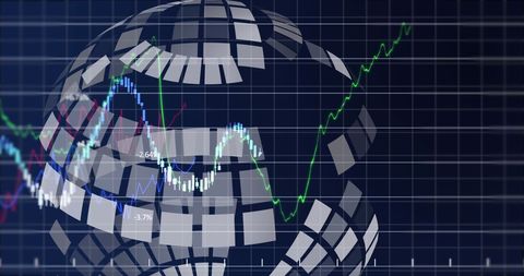 Digital Globe Overlay on Financial Graphs Against Grid Background - Download Free Stock Images Pikwizard.com