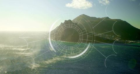 Futuristic hud interface over rugged coastal landscape