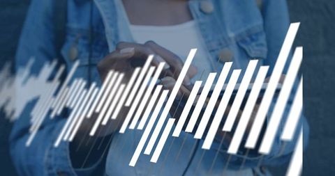 Young woman using smartphone with audio waveform overlay denim jacket urban closeup