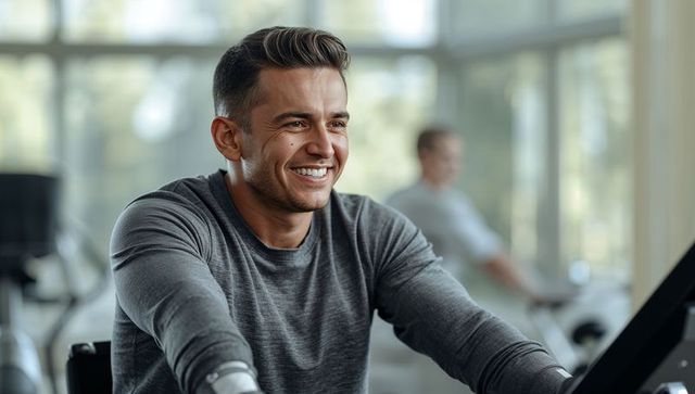 Smiling fit man cycling on stationary bike in bright gym with natural light and greenery