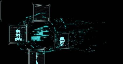 Floating cyan profile grids streaming through virtual cyberspace holographic hud interface