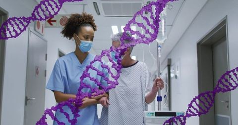 Nurse walking and guiding patient with iv pole in hospital corridor, dna helix overlay