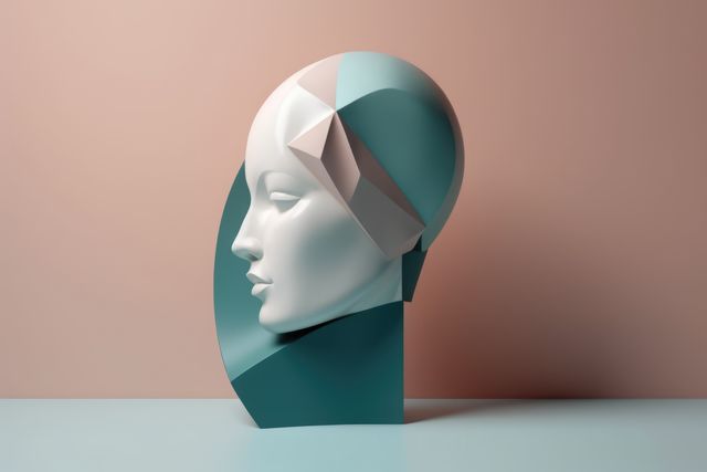 Close up of stone woman's face sculpture on beige background, created using generative ai technology. Art and modern abstract face sculpture design concept digitally generated image.