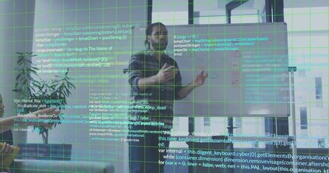 Developer presenting to team with code overlay and green grid leading collaborative meeting