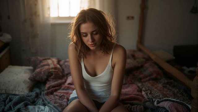 Young woman sitting on unmade bed in cozy sunlit bedroom, feeling reflective and serene