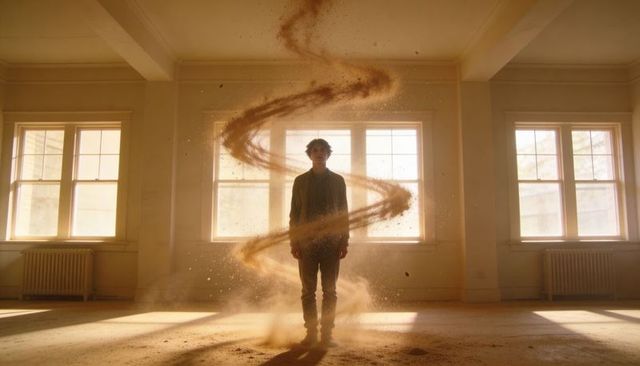 Backlit Young Man Standing in Spiral Dust Vortex in Sunlit Classroom Surreal Cinematic
