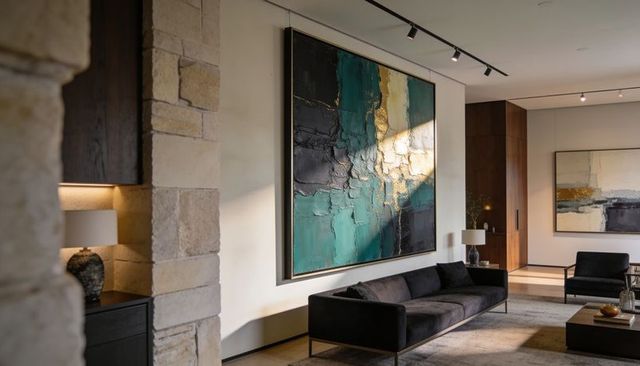 Textured teal and gold abstract anchoring contemporary luxury living room
