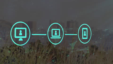 Digital Network Icons Over Cityscape with Plexus Connections