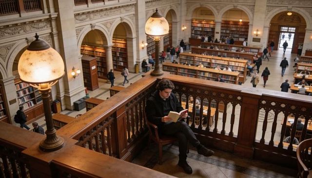 Man reading paperback on upper gallery of historic public library with wooden balustrade