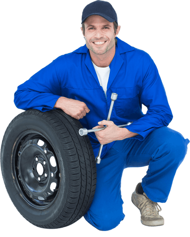 Smiling Mechanic in Blue Overalls with Wrench and Tire on Transparent Background