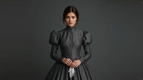 Victorian elegance: woman in black gown with lace handkerchief