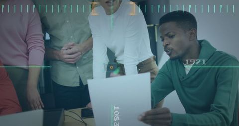 Business Team Discussing Documents with Data Processing Overlay