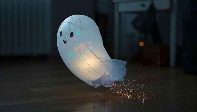 Whimsical ghost lantern emitting sparkles on wooden floor