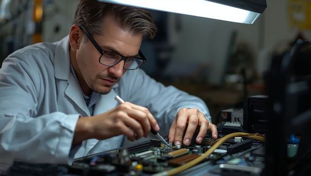 Engineer soldering circuit board in high-tech electronics lab