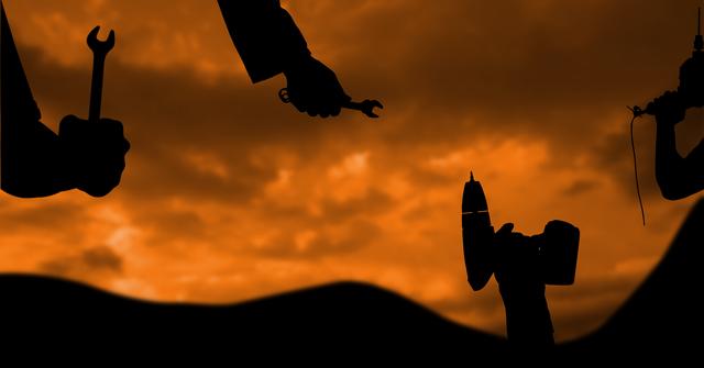 Digital composite of Silhouette hands with tools during sunset