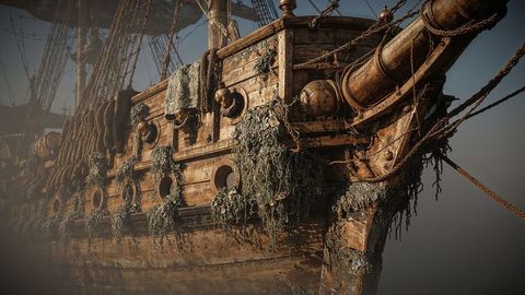 Weathered sailing pirate ship with misty maritime ambiance