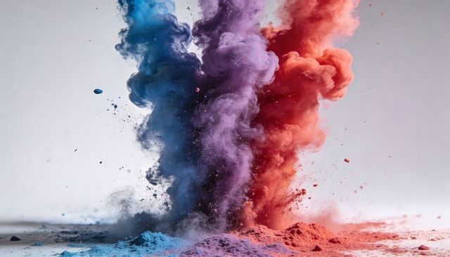 Vibrant pigment plumes erupting in blue, purple and red-orange powder explosion
