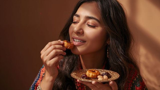 Indian woman savoring traditional pastry with dates on ornate gold plate