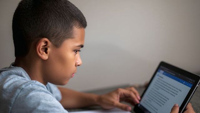 Focused preteen boy studying on tablet at home desk