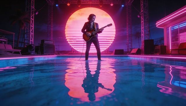Neon sun guitarist standing in pool stage playing electric guitar in retro synthwave night