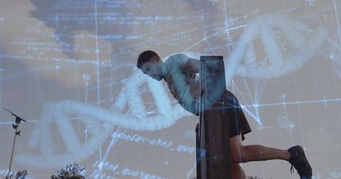 Man Performing Dip Exercise with DNA Innovation Overlay