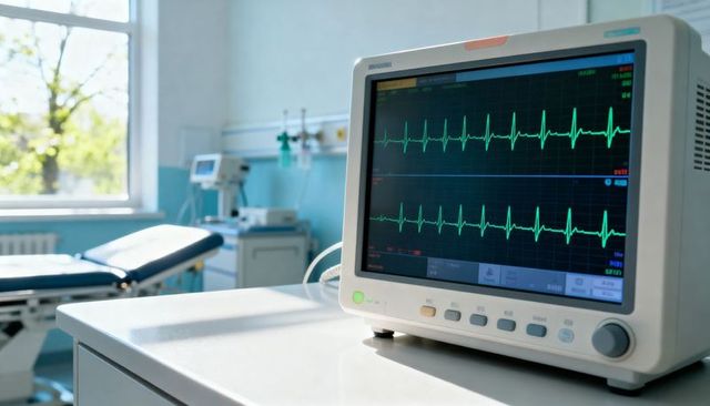 Cardiac monitor displaying ecg waveforms on bedside console in bright modern clinic room