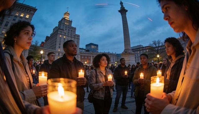 Holding candles during twilight vigil at urban monument, diverse community gathered