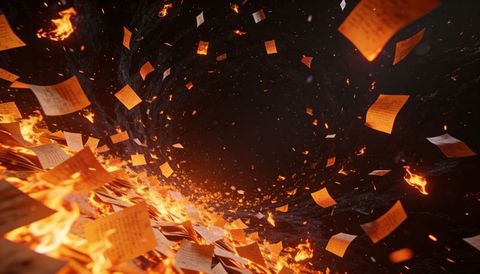 Swirling fiery vortex pulling burning papers into dark void with glowing embers and sparks