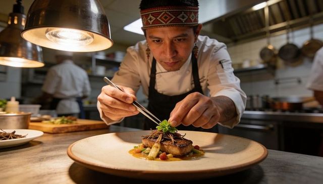 Plating chef garnishing seared fish with microgreens using tweezers in busy kitchen