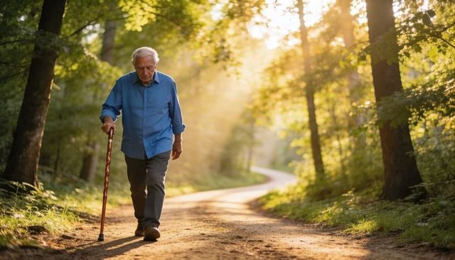 Senior man walking with wooden cane on sunlit forest trail at golden hour