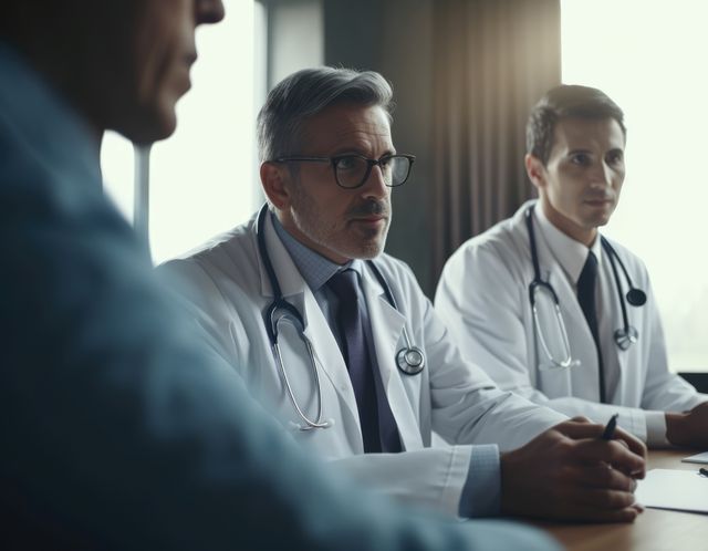 Diverse male doctors sitting at table, created using generative ai technology - Download Free Stock Photos Pikwizard.com