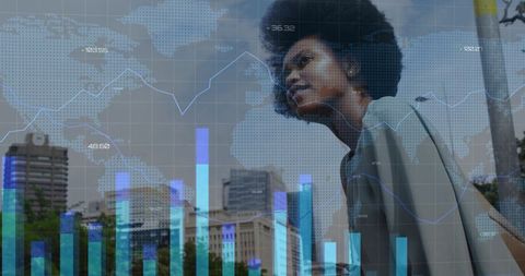 Professional Woman Analyzing Data with Urban Cityscape Background