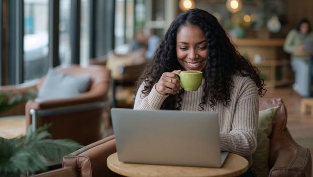 Smiling woman working on laptop while sipping coffee, basking in natural light in cozy cafe lounge