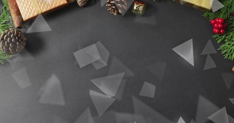 Dark holiday border pine cones gift boxes framing negative space minimal geometric overlay