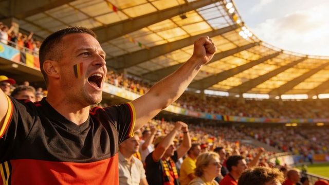 Passionate fan cheering in black-red jersey with tricolor face paint in stadium