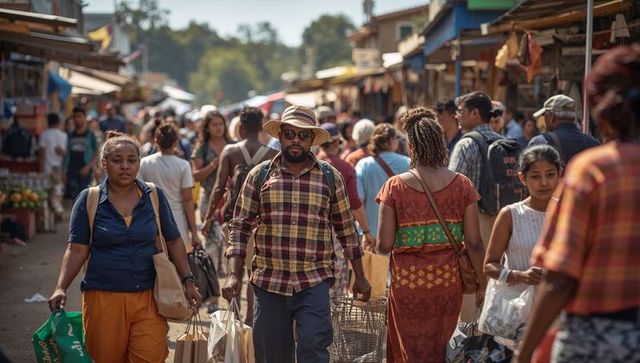 Man wearing straw hat and plaid shirt carrying shopping bags through bustling outdoor market