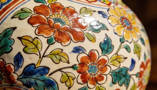 Handpainted glazed ceramic vase featuring vibrant floral pattern with black outlines