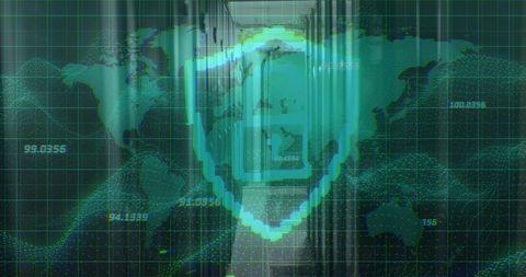 Glitch shield protecting global data over server corridor with world map grid