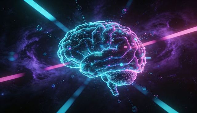 Glowing holographic brain network sending neon data beams through cosmic grid