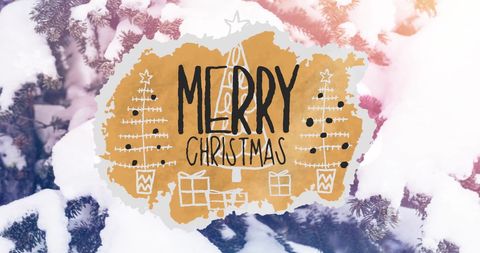 Merry Christmas Greeting over Snowy Winter Landscape