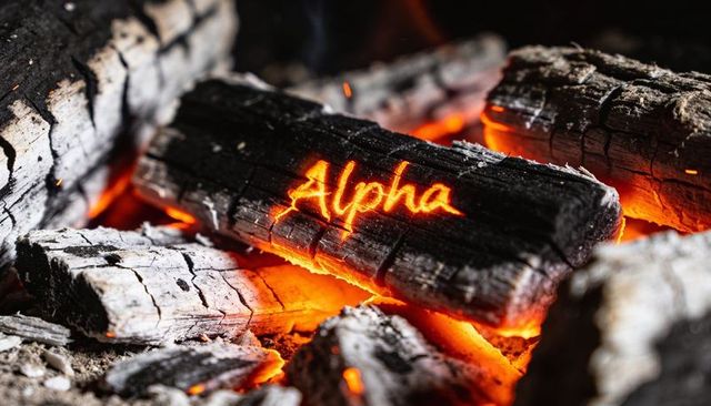 Glowing alpha script engraving on charred log over smoldering embers, macro texture